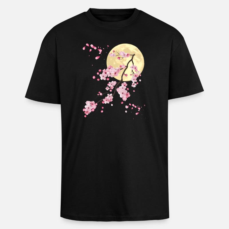 Full Moon with Cherry Blossom - Unisex Oversized Heavyweight T-shirt - black