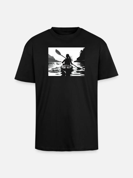Black and White Waterfront Kayaking Adventure - Unisex Oversized Heavyweight T-shirt - black