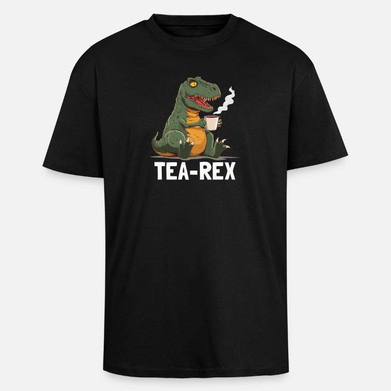 Funny T-Rex Dino Drinking Tea - Unisex Oversized Heavyweight T-shirt - black