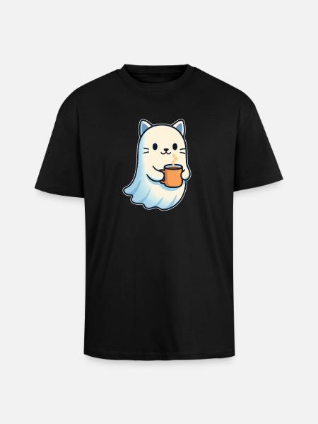 Coffee Ghost Cat with Mug - Unisex Oversized Heavyweight T-shirt - black