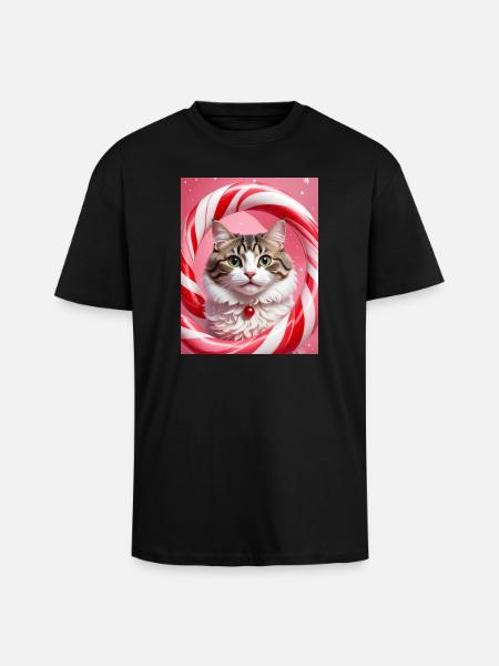 Christmas Cat in Candy Ring Design - Unisex Oversized Heavyweight T-shirt - black