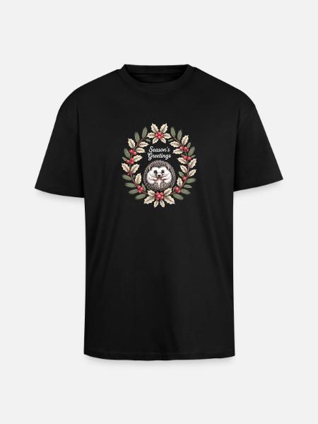 Seasons Greetings Igel Weihnachtskranz Winter - Oversized Heavyweight Unisex T-Shirt - Schwarz