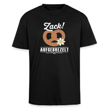 Zack aufgebrezelt – Lustiger Tracht Spruch - Oversized Heavyweight Unisex T-Shirt - Schwarz - Vorne - Alina (178cm) & Michal (187cm)