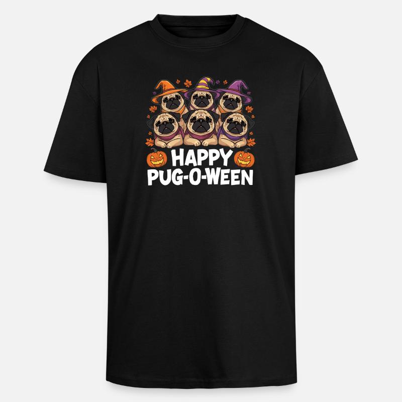 Pug-O-Ween Witch Hat Pugs - Unisex Oversized Heavyweight T-shirt - black