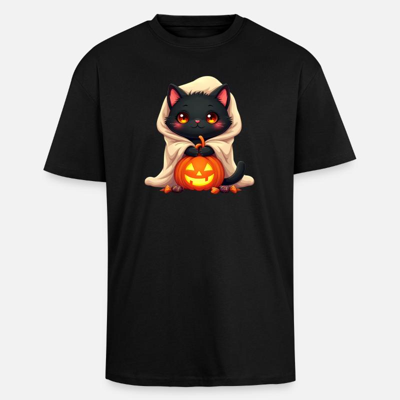 Chat d’Halloween avec citrouille d’Halloween - T-shirt unisexe oversize épais - noir