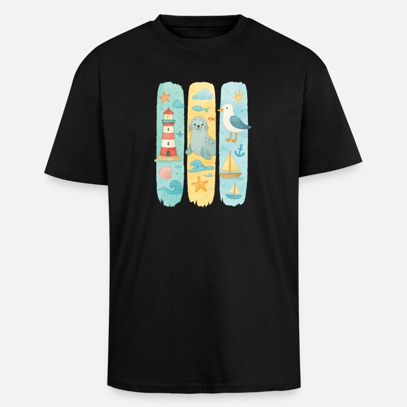 Phare maritime phoque mouette côte - T-shirt unisexe oversize épais - noir
