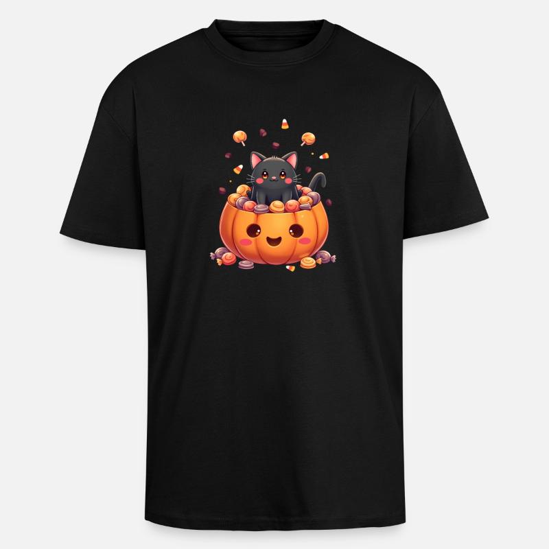Chat d’Halloween avec citrouille d’Halloween - T-shirt unisexe oversize épais - noir