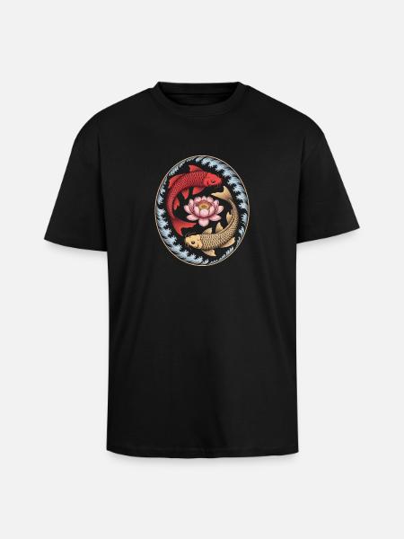 Koi Fish Lotus Flower Wave Art - Unisex Oversized Heavyweight T-shirt - black