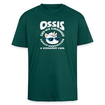 Ossi Unicorns Saying GDR Pride - Unisex Oversized Heavyweight T-shirt - hunter green - Front - Alina (178cm) & Michal (187cm)