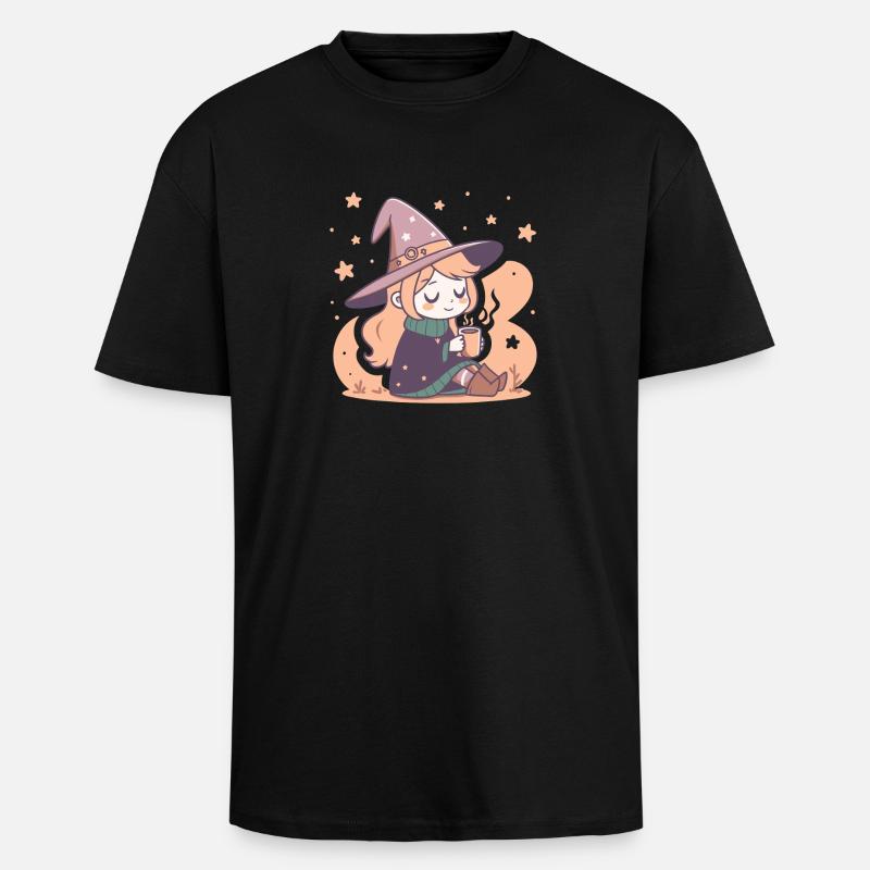 Cute Witch Cozy and Kawaii Tea - Unisex Oversized Heavyweight T-shirt - black