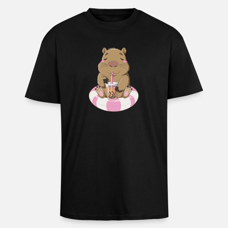 Relaxed Wombat With Bubble Tea Illustration - Unisex Oversized Heavyweight T-shirt - black