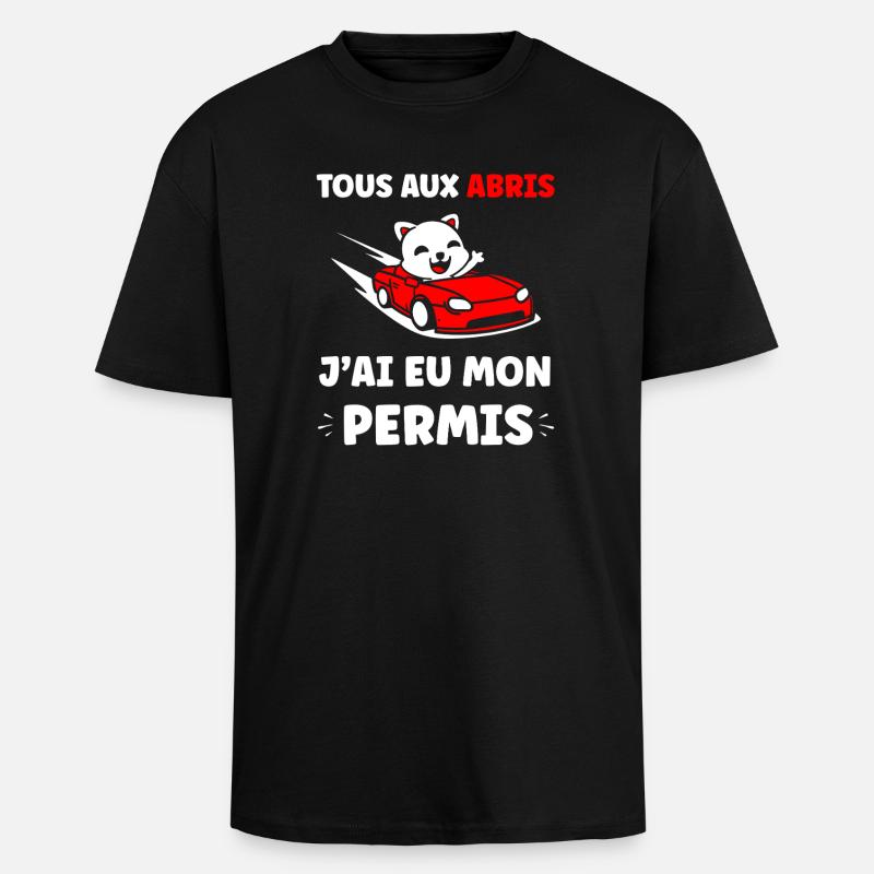Panda en Cabrio Rouge Permis - T-shirt unisexe oversize épais - noir