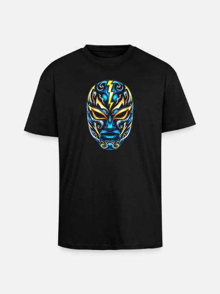 Flash Masks Lucha Neon Blue Gold - Unisex Oversized Heavyweight T-shirt - black