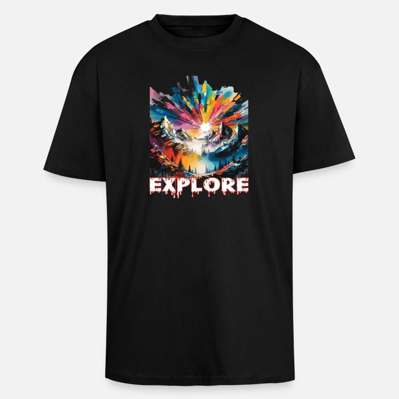 Farbintensive Landschaft mit 'Explore' Aufdruck - Oversized Heavyweight Unisex T-Shirt - Schwarz