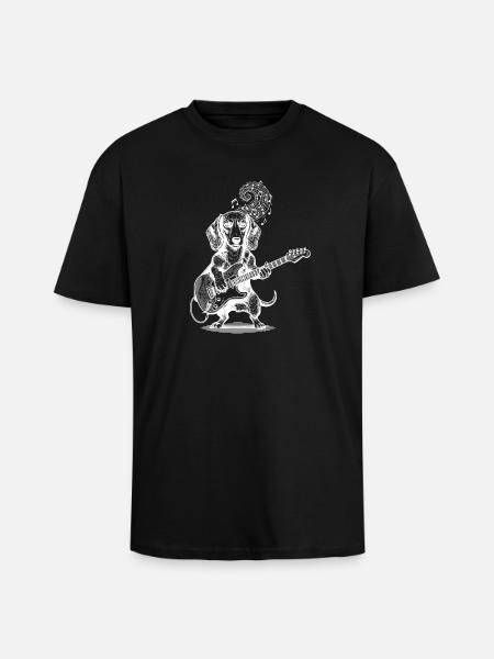 Dachshund Guitar Playing Dog - Unisex Oversized Heavyweight T-shirt - black