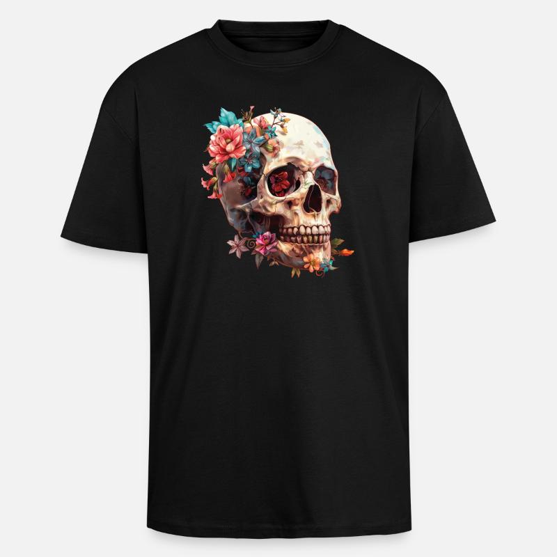 Totenkopf, Schädel mit Blumen - Oversized Heavyweight Unisex T-Shirt - Schwarz