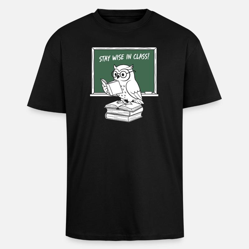 Wise owl reading in class - Unisex Oversized Heavyweight T-shirt - black