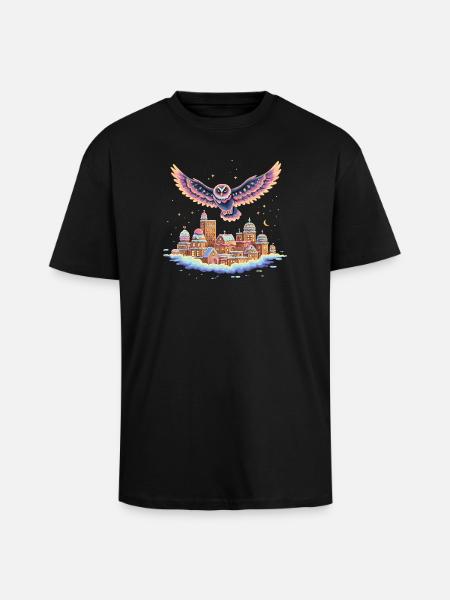 Pastel owl flight over cloud city - Unisex Oversized Heavyweight T-shirt - black
