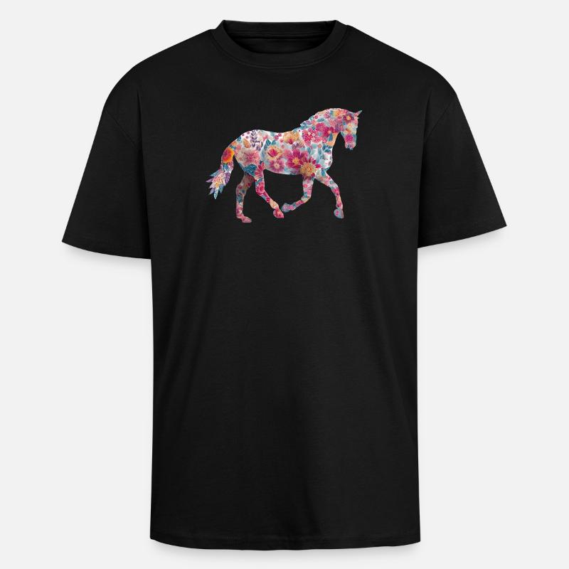 Pferd Blumen Muster - Oversized Heavyweight Unisex T-Shirt - Schwarz