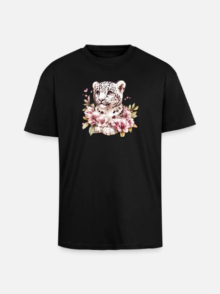 Leopard cub with flower wreath - Unisex Oversized Heavyweight T-shirt - black