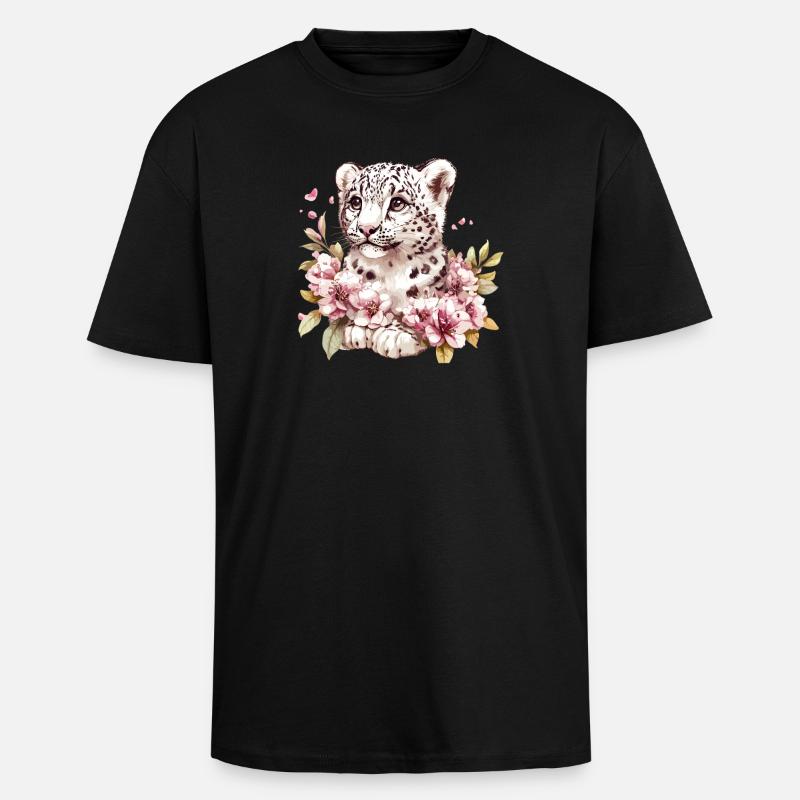 Leopard cub with flower wreath - Unisex Oversized Heavyweight T-shirt - black
