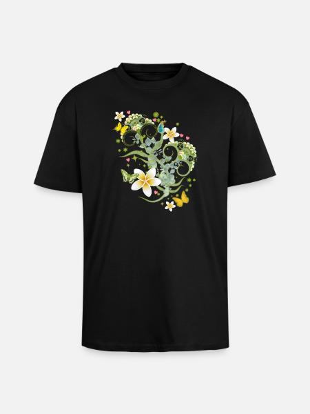 Playful flower ornament & delicate butterfly - Unisex Oversized Heavyweight T-shirt - black