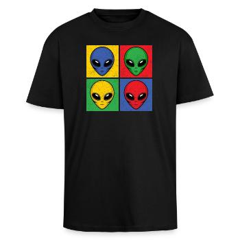 Aliens Pop-Art Popart Alienköpfe Aliengesichter - Oversized Heavyweight Unisex T-Shirt - Schwarz - Vorne - Alina (178cm) & Michal (187cm)