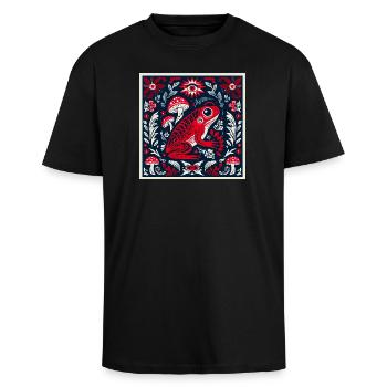Mystischer Frosch mit Pilzen und Blumen – Folk Art - Oversized Heavyweight Unisex T-Shirt - Schwarz - Vorne - Alina (178cm) & Michal (187cm)