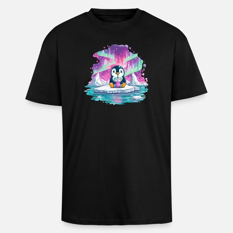 Pingouin sur glace avec boisson rose - T-shirt unisexe oversize épais - noir