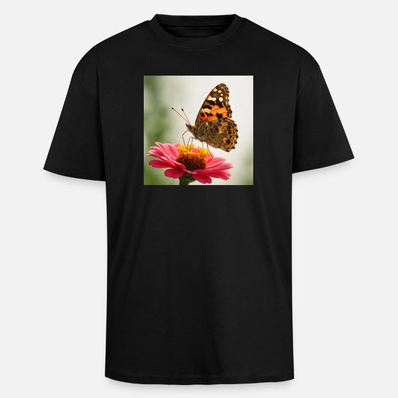 Schmetterling auf einer rosa Blume - Oversized Heavyweight Unisex T-Shirt - Schwarz