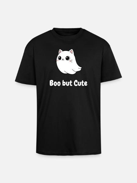 Boo but Cute Cat Ghost Illustration - Unisex Oversized Heavyweight T-shirt - black