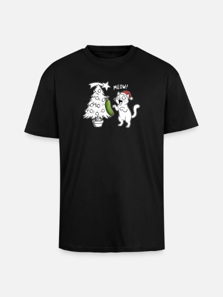 Feline Christmas fun with cucumber - Unisex Oversized Heavyweight T-shirt - black