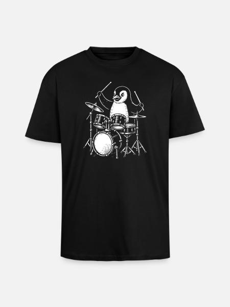 Penguin Drummer Line Art Tee - Unisex Oversized Heavyweight T-shirt - black