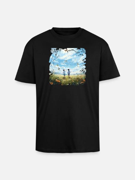 Unbeschwerte Kinderfreunde im Schmetterlingsflug - Oversized Heavyweight Unisex T-Shirt - Schwarz