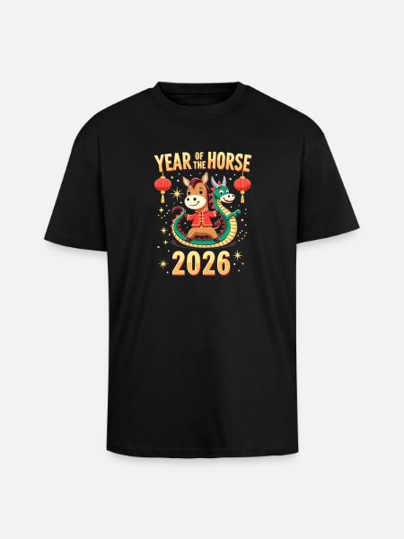 Nouvel An chinois du cheval 2026 - T-shirt unisexe oversize épais - noir