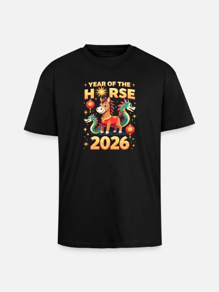 Nouvel An chinois du cheval 2026 - T-shirt unisexe oversize épais - noir