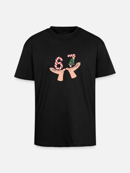67 Funny Christmas Number Hands Motif - Unisex Oversized Heavyweight T-shirt - black