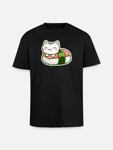 Kawaii Sushi Cat on Roll - Unisex Oversized Heavyweight T-shirt - black
