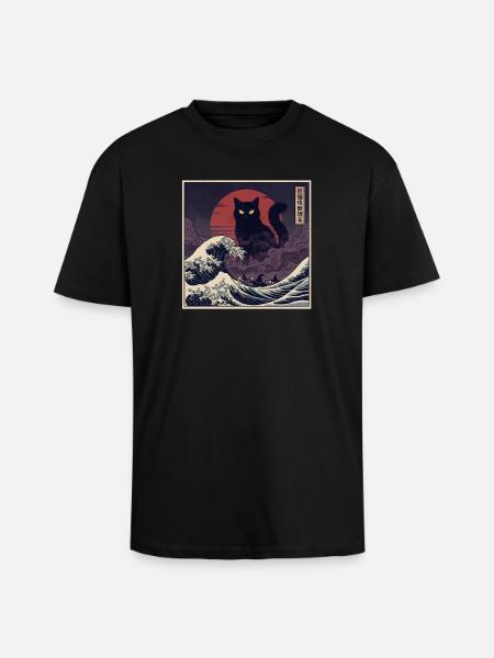 Giant Kaiju Cat Over Waves 巨猫怪獣現る - Unisex Oversized Heavyweight T-shirt - black