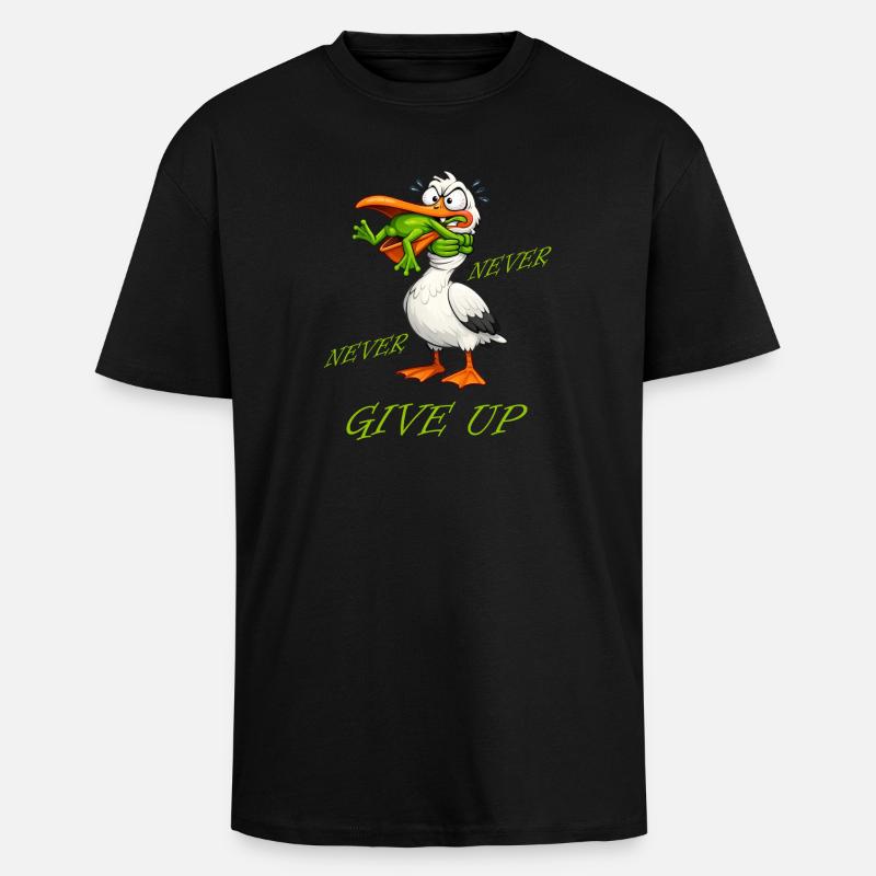 Stork - Never Give Up Frog - Unisex Oversized Heavyweight T-shirt - black
