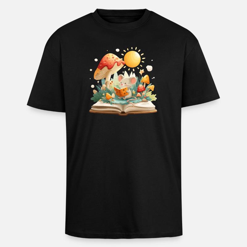 Maus im Pilzwald liest Buch - Oversized Heavyweight Unisex T-Shirt - Schwarz