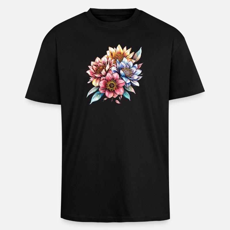 Bouquet de fleurs aquarellées - T-shirt unisexe oversize épais - noir