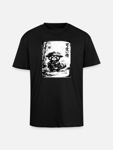 Samurai Red Panda Sumi-e Ink Drawing - Unisex Oversized Heavyweight T-shirt - black