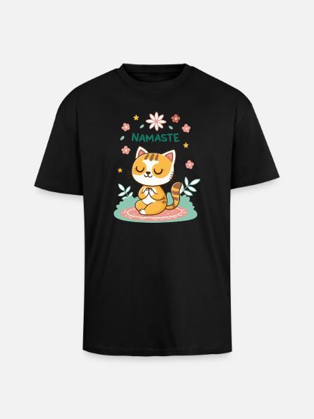 Cat Namaste Zen Flowers Nature - Unisex Oversized Heavyweight T-shirt - black