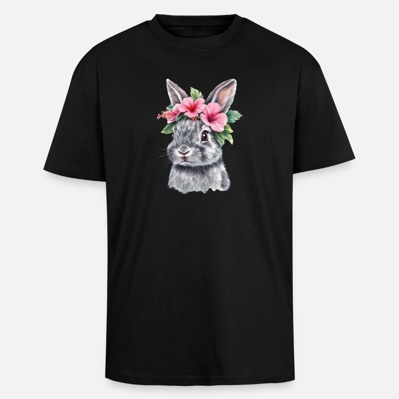 Lapin avec couronne de fleurs - T-shirt unisexe oversize épais - noir