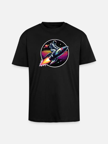 Astronaut on rocket in retro sunset - Unisex Oversized Heavyweight T-shirt - black