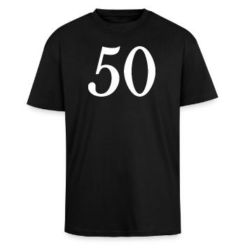 50. 50 JAHRE. 50-JÄHRIGES JUBILÄUM. 50-JÄHRIGES JUBILÄUM. - Oversized Heavyweight Unisex T-Shirt - Schwarz - Vorne - Alina (178cm) & Michal (187cm)