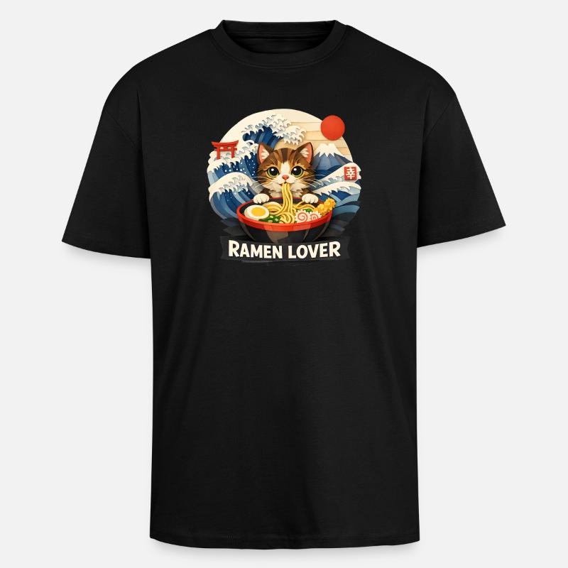 Anime Ramen de chat - T-shirt unisexe oversize épais - noir