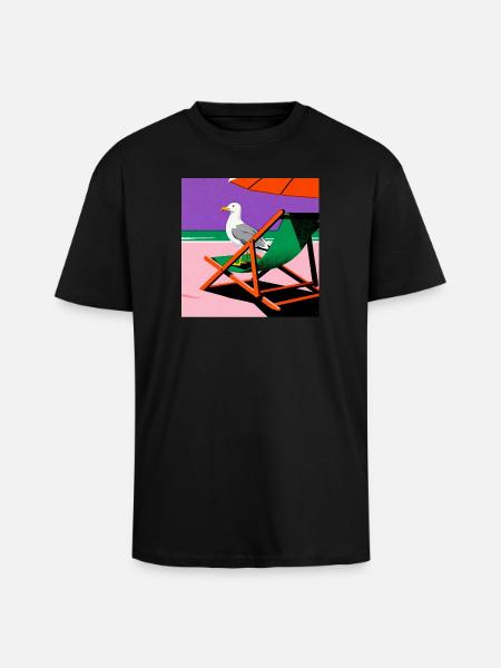 Bunter Strandstuhl und Möwe - Oversized Heavyweight Unisex T-Shirt - Schwarz
