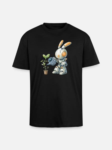 Robot rabbit watering plant - Unisex Oversized Heavyweight T-shirt - black